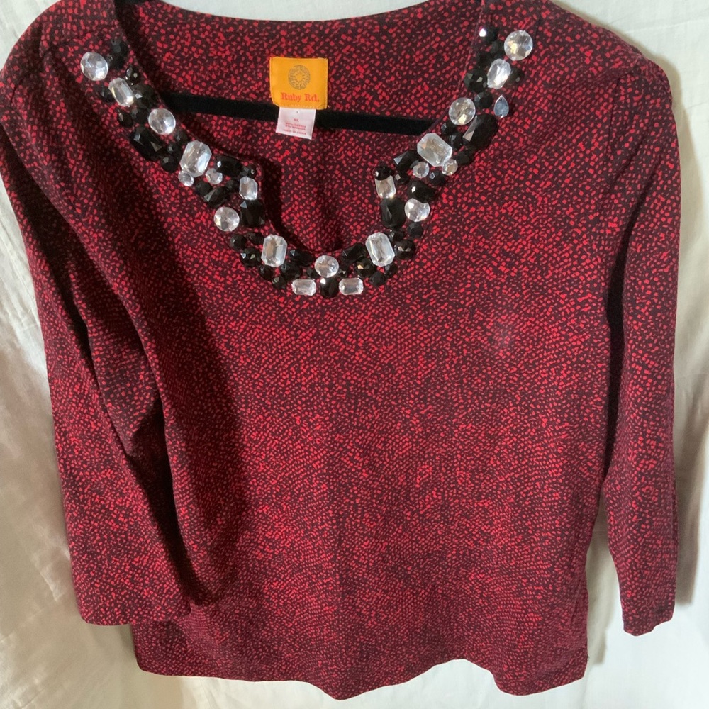 Ruby Rd. Red and Black Snake Pebble Print Beaded Stoned Embellished Blouse